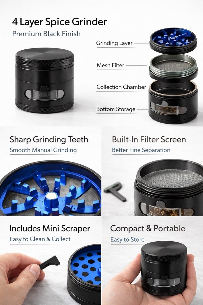 Manual Kitchen Spice Grinder 4 Layer Blue Metal Crusher with Mesh Filter Tool