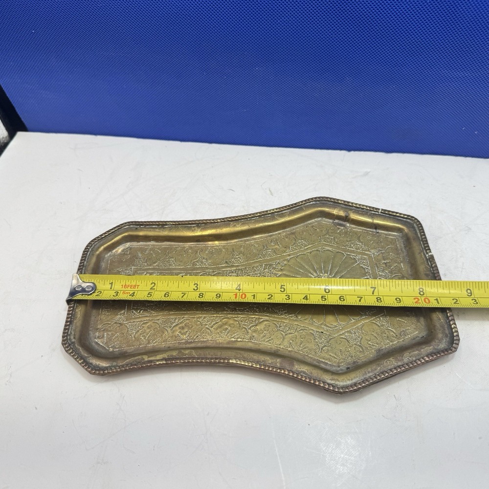 Tray Decorated Deity & Patterned Borders 8" Antique Indian Brass