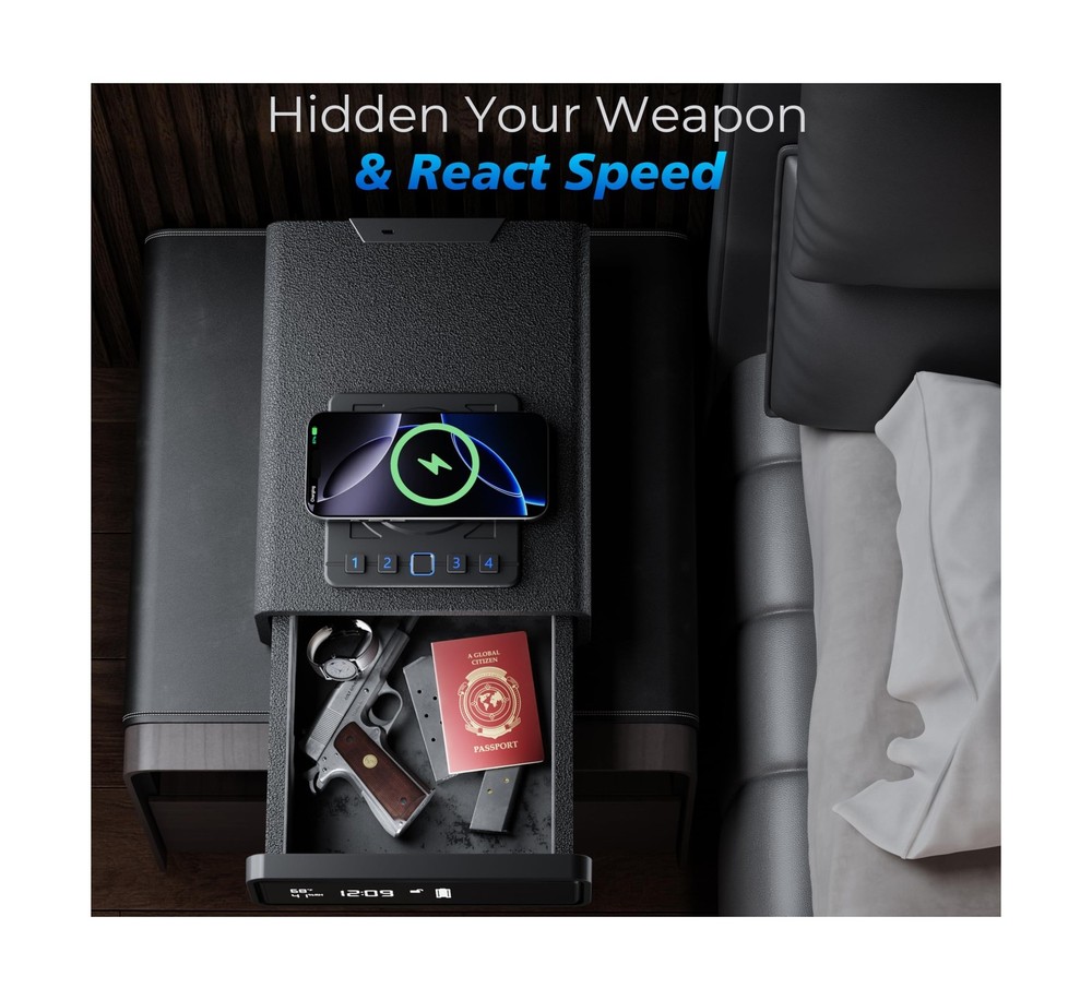 Biometric Safe with Wireless Charging, 3 Access Methods to Unlock, Nightstand...