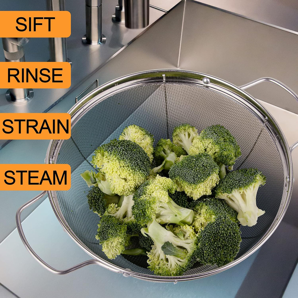 3 Pack 18/8 Stainless Steel Colander Sieves(5-Quart, 4-Quart and 3-Quart), Mesh