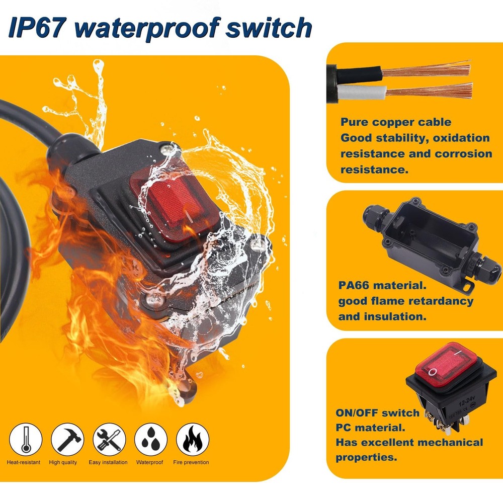 Extension Cord with Switch On/Off,IP67 Waterproof Inline Cord Switch with 4FT...