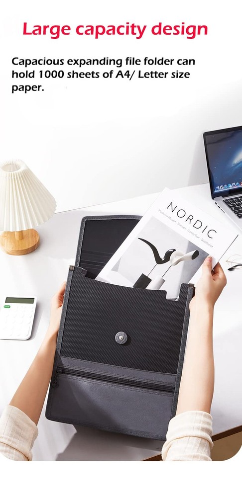 Expanding File Folder Document Organizer with Elastic Cord & Button Closure, ...