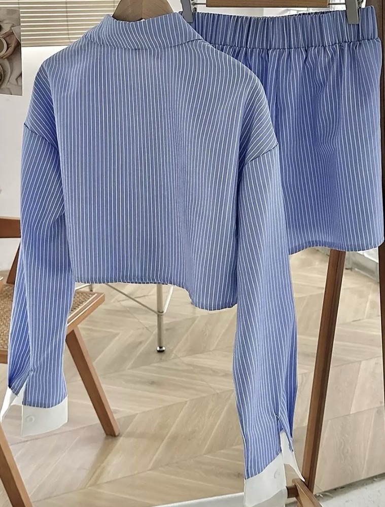 Two-Piece Pinstripe Lounge Set - Blue & White
