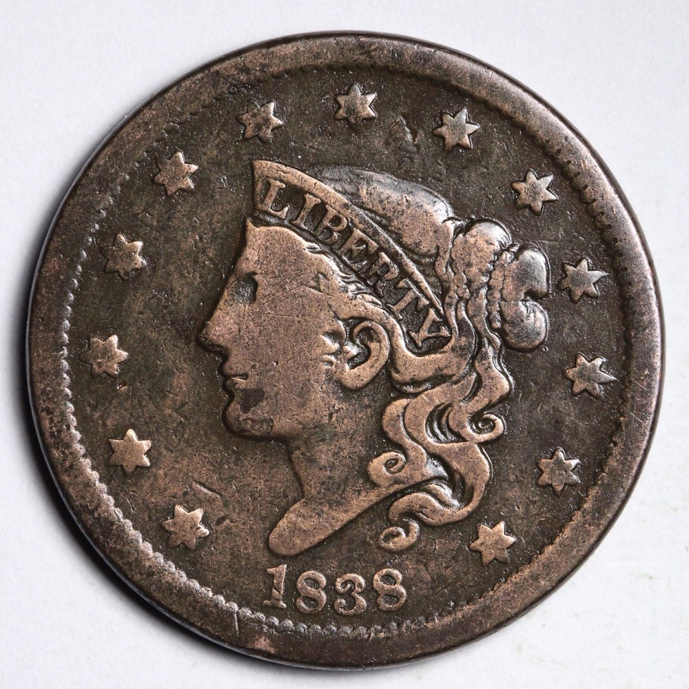 1838 Coronet Head Large Cent CHOICE VF E188 JB