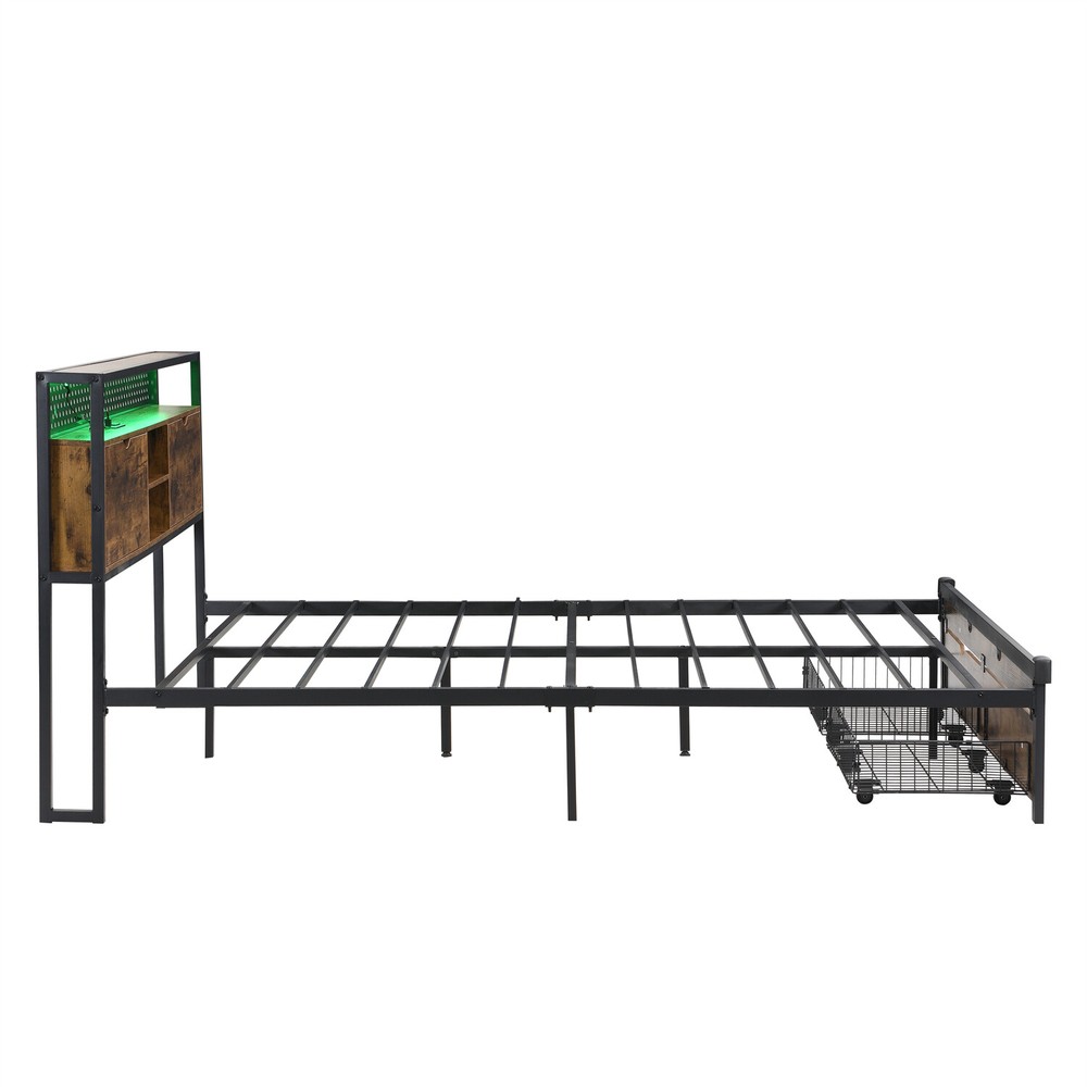 Full/Queen/King Size LED Bed Frame Metal Platform Bed with Charging Station