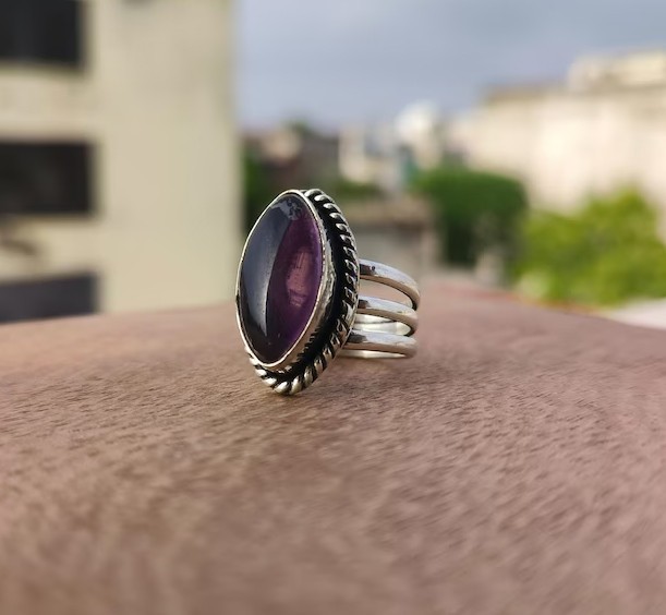 Solid 925 Sterling Silver Natural Amethyst Marquise Gemstone Triple Band Ring
