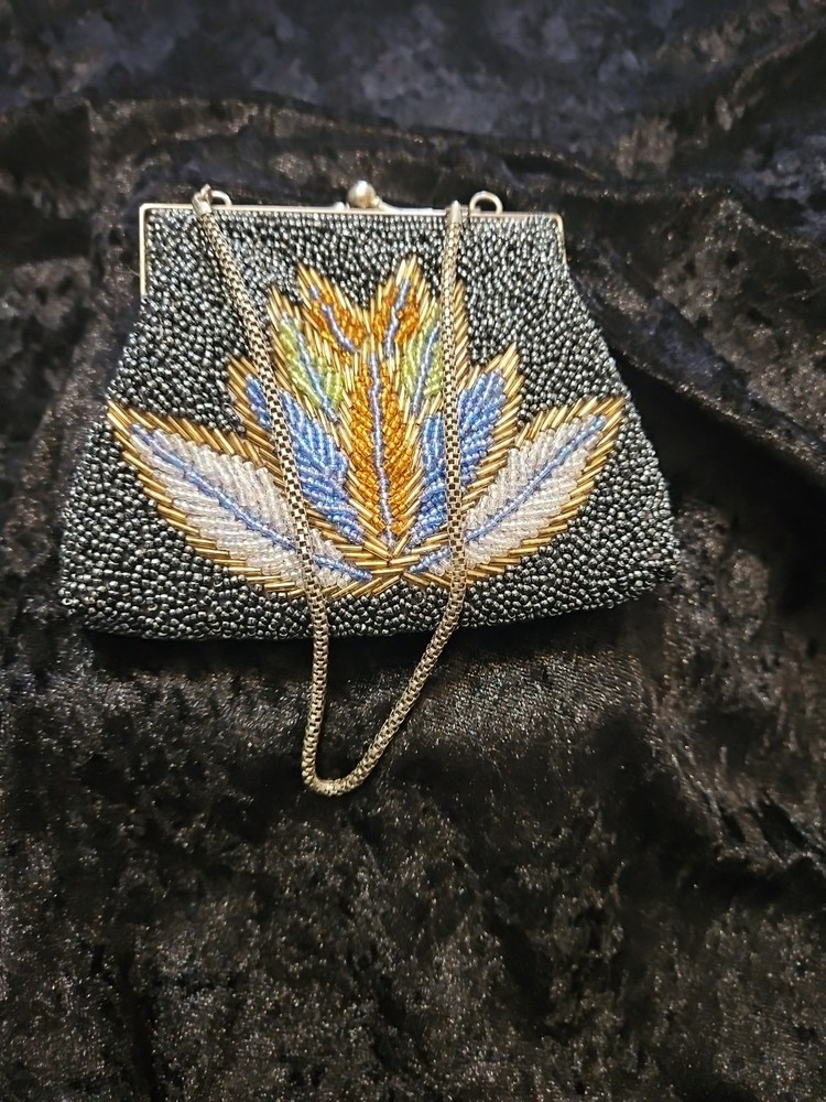 Boho Retro Vtg 1960s Seed Bead Small Evening Clutch Maple Leaf