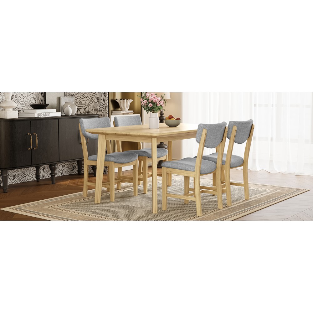 Rustic 5-Piece Dining Set - 1 Solid Wood Table + 4 Upholstered Chairs, Farmhouse