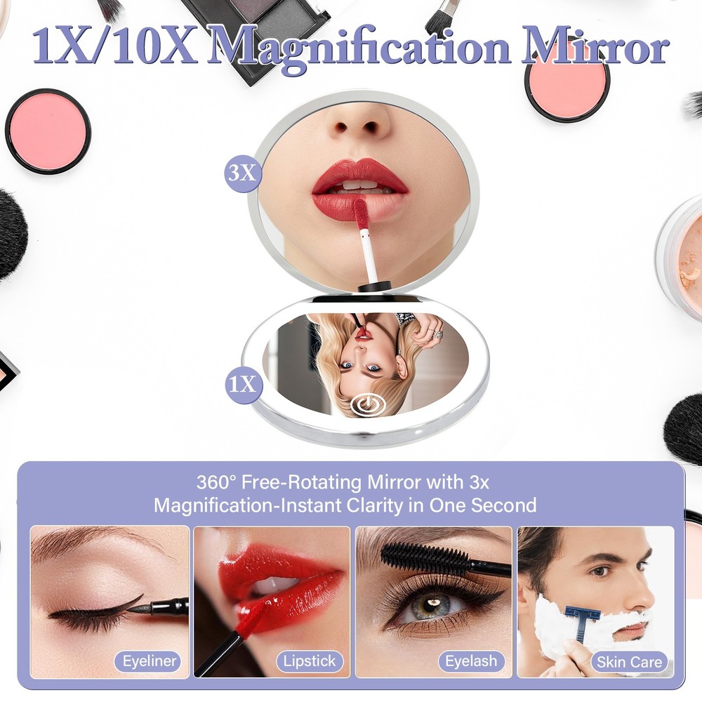 Portable LED Makeup Mirror with 3 Light Modes, 3X Magnification & Compact Design