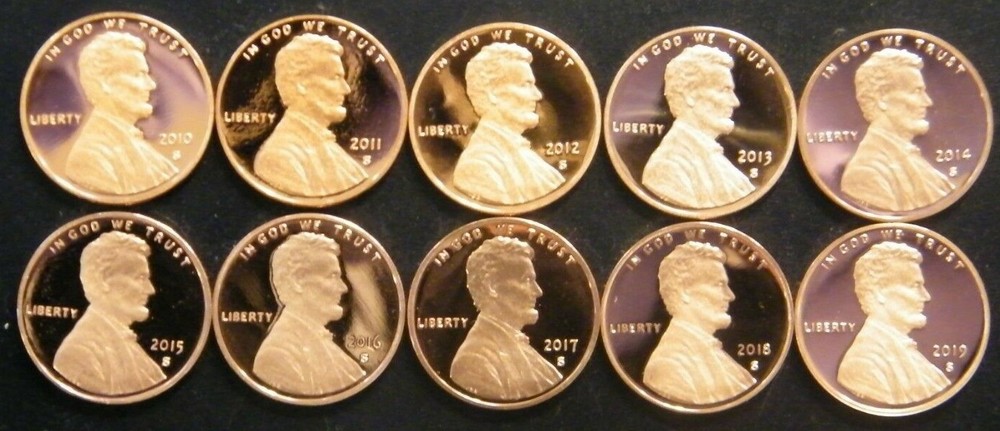 2010~2019 Lincoln Shield Gem Proof Penny Decade Run From Proof Sets