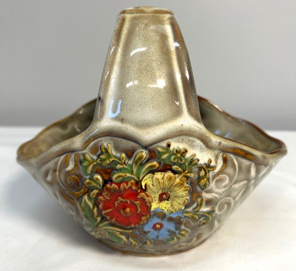 Ceramic Basket With Floral Design & Handle - Handcrafted Home Decor