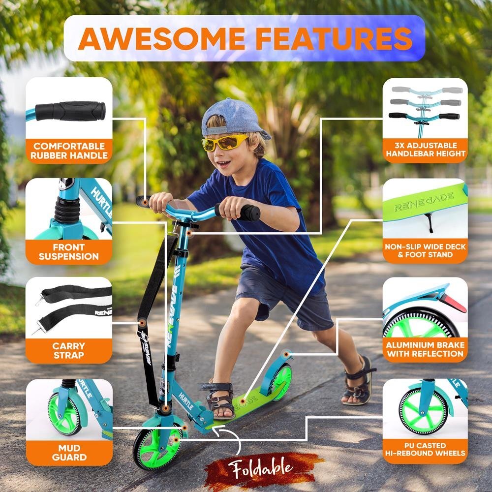Hurtle Adjustable Lightweight and Foldable Kick Scooter High Impact Wheels Green