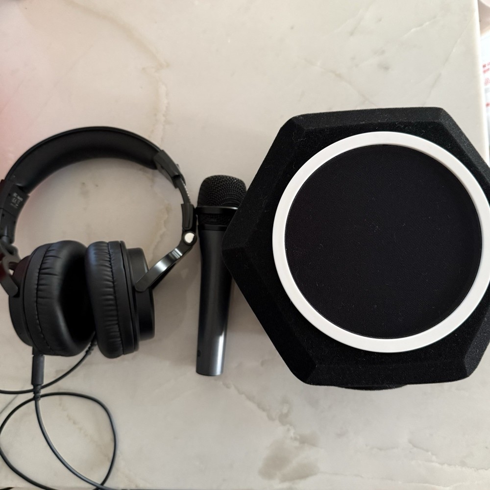 Microphone, Headphones, and Pop Filter for Recording