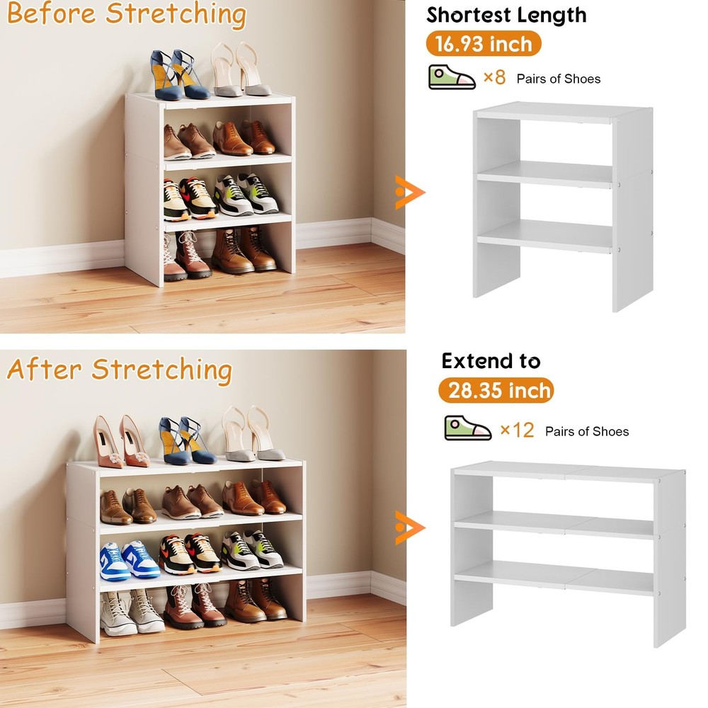 3-Tier Expandable White Shoe Rack Organizer for Closet, Stackable Shoe Racks ...