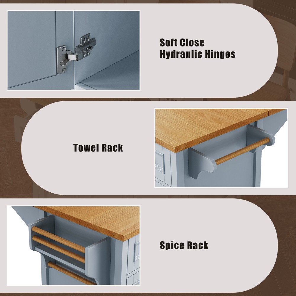 K&K 52'' Kitchen Island with Drop Leaf, Embossed Texture Kitchen Island on Whe