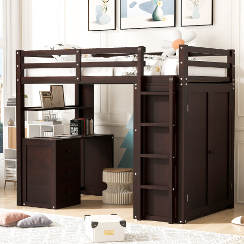 Solid Wood Loft Bed with Desk and Wardrobe Storage Cabinet Twin Size Bed Frames