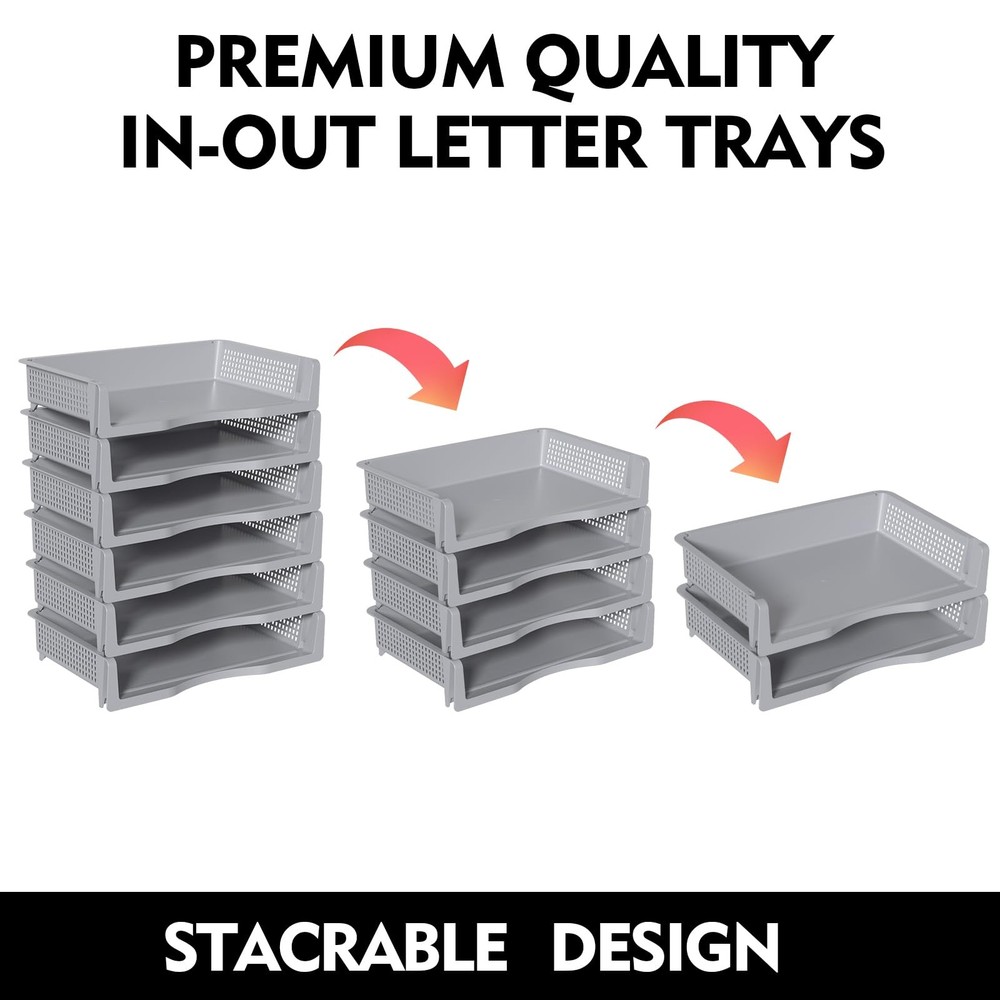 6 Pack Office Desk Tray Organizer Stackable Paper Grey Letter Tray