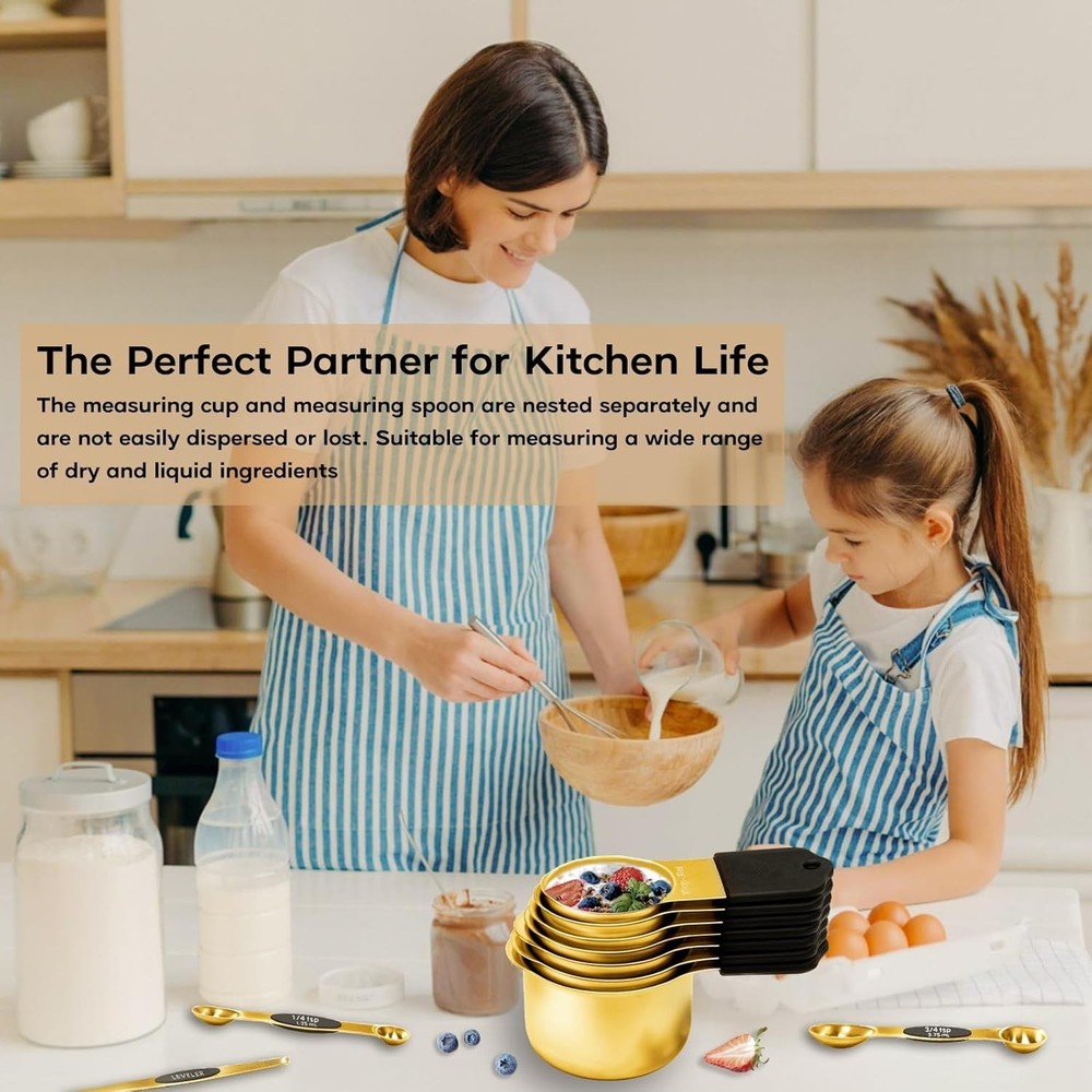Stackable Gold Magnetic Measuring Cups and Spoons Set for Smart Kitchens