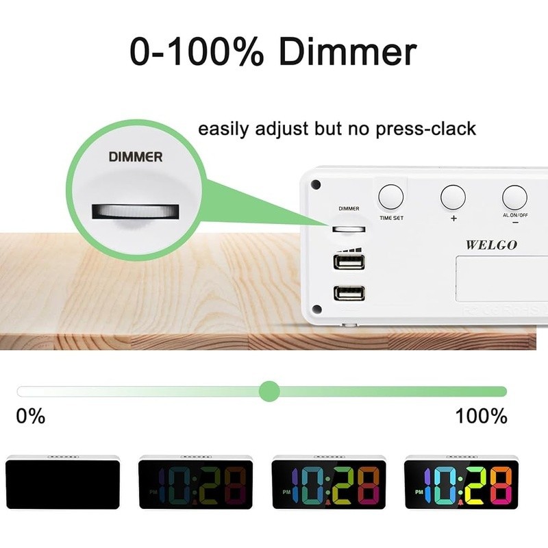 Rainbow Digital Alarm Clock Adjustable Brightness USB Charging Snooze Function