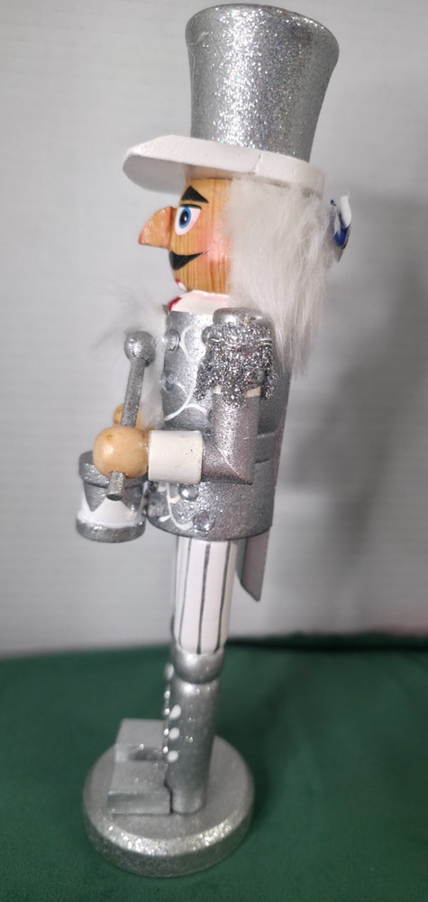 Silver & White Drummer Nutcracker – 10" – Glitter & Rhinestones – Boxed