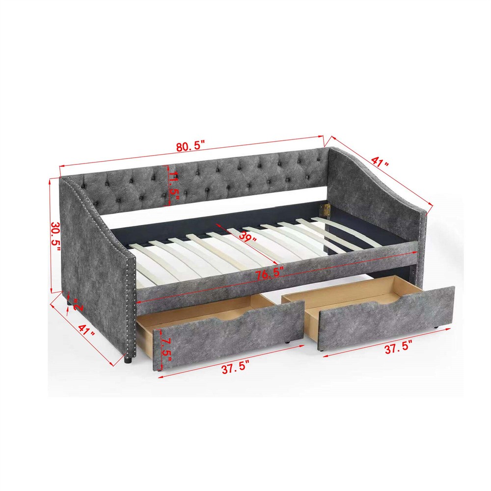 Twin Size Daybed Upholstered Bed Frame Sofa Bed w/ 2 Storage Drawers New