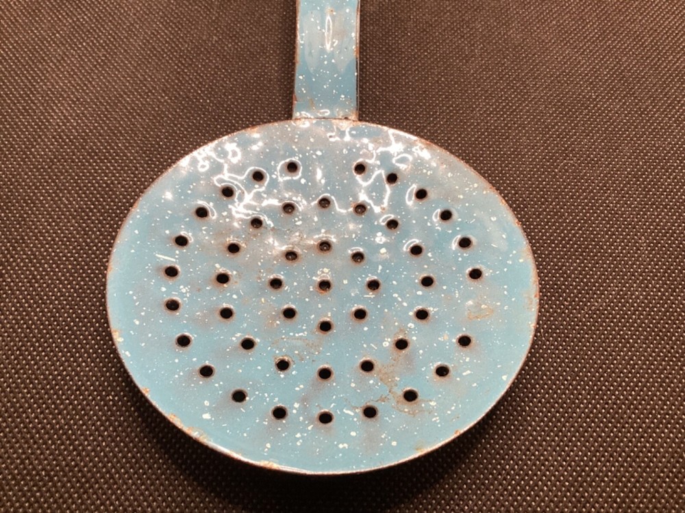 Vintage light Blue white Speckled Enamelware / Graniteware Strainer Ladle