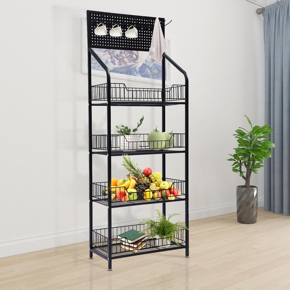 Kitchen Baker's Rack 4 Tier Rolling Metal Storage Shelf Black 55" Height+Wheels
