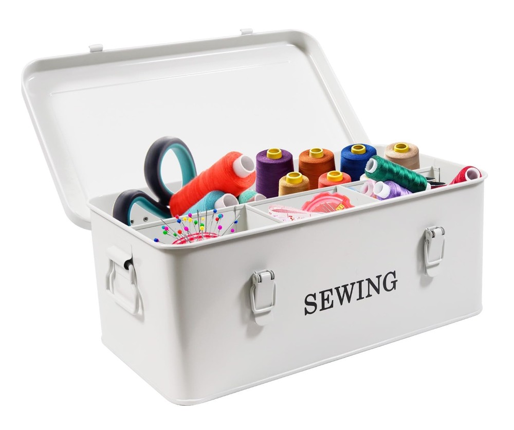Sewing Organizer Box Metal Storage Case 4 Compartments Thread Scissors Pins