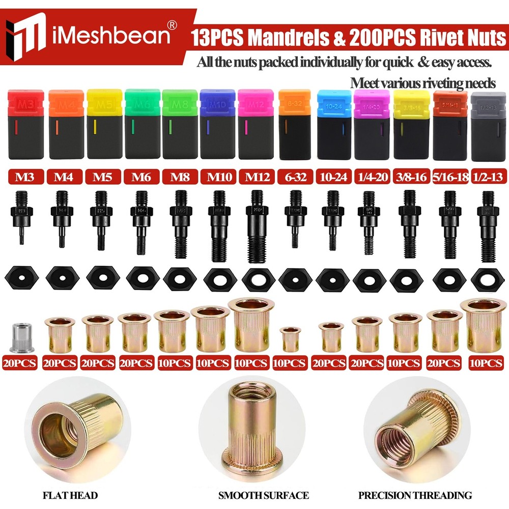 16'' Rivet Gun Rivnut Thread Setting Tool Nut Setter NutSert Metric&SAE 200 Nuts