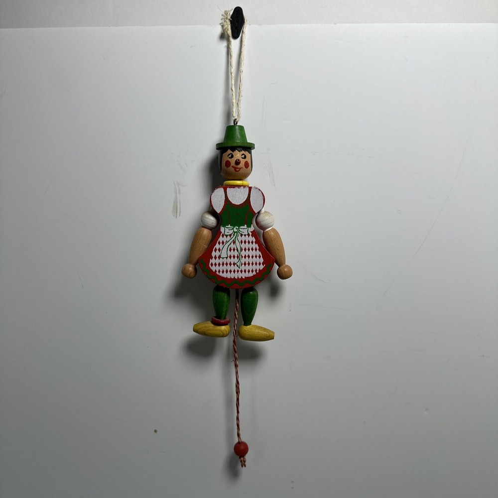 Vintage Austrian Wood Dancing Toy Pull String 8” Folk Art Ornament EUC