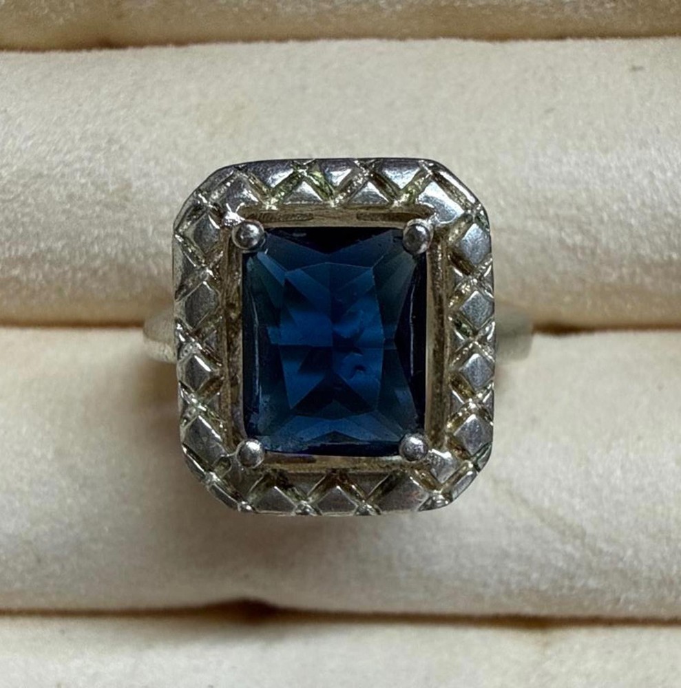 Sterling Silver Ring with Cushion Cut Rectangular Blue Sapphire