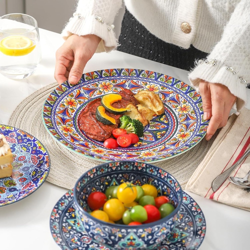 18 Pcs Kitchen Dinnerware Sets Service for 6 Bohemian Style Plates & Bowls Set