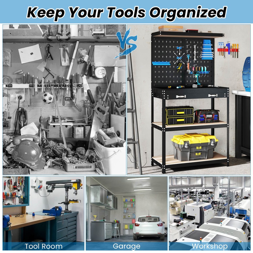 Workbench w/ Pegboard, Shelves & Drawers Versatile Tool Organization Work Table