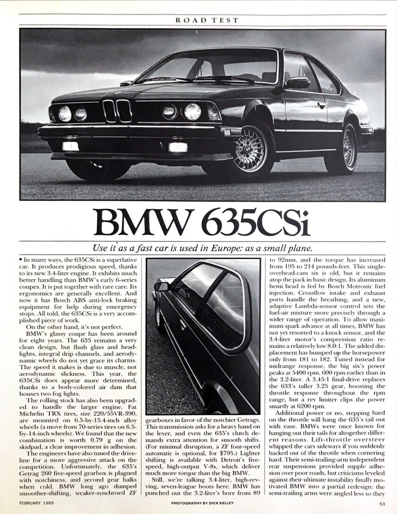 1985 BMW 635CSi Sedan Road Test Technical Data Review Article