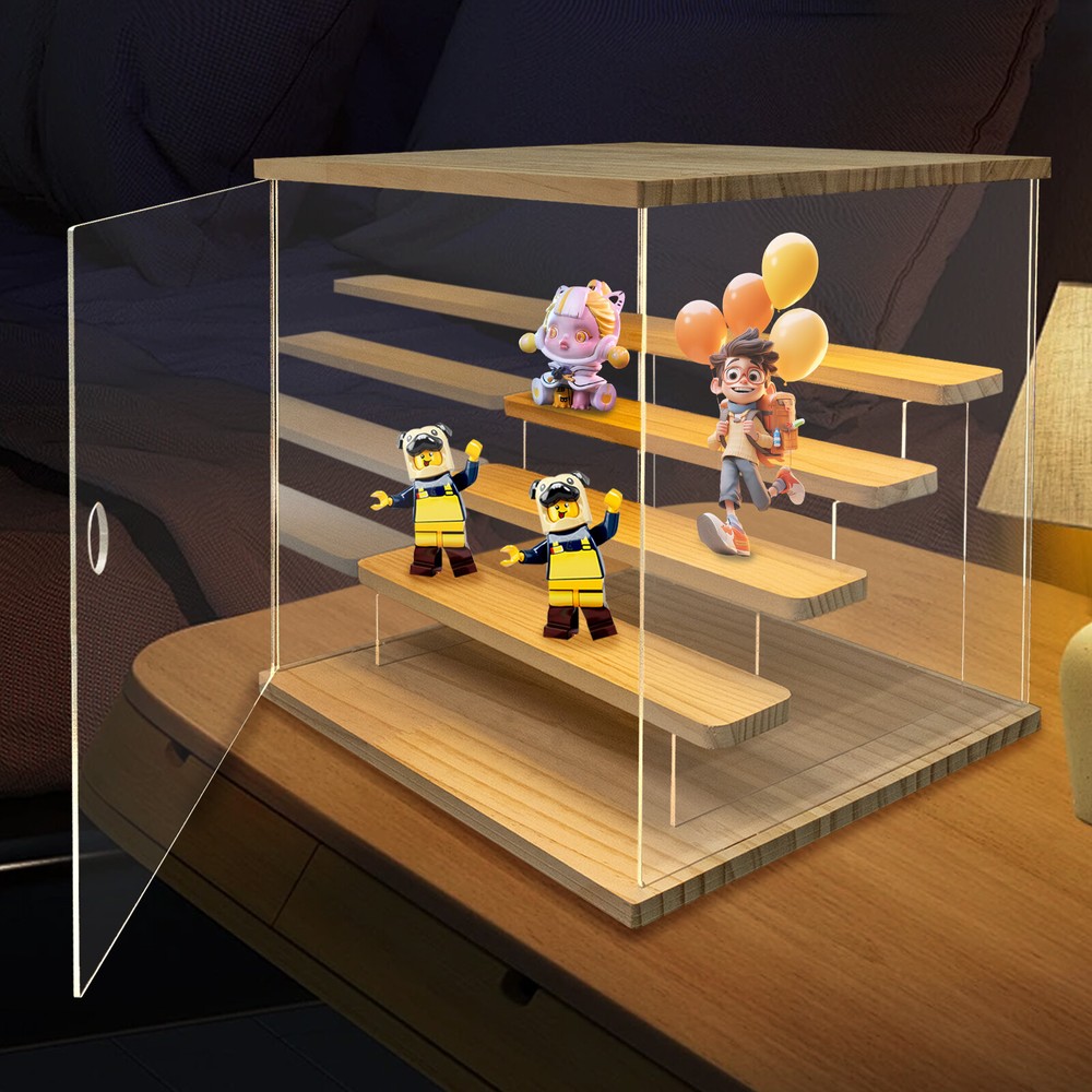 Clear Acrylic Display Case 4 Tier Dustproof Showcase w/LED Light Display Box