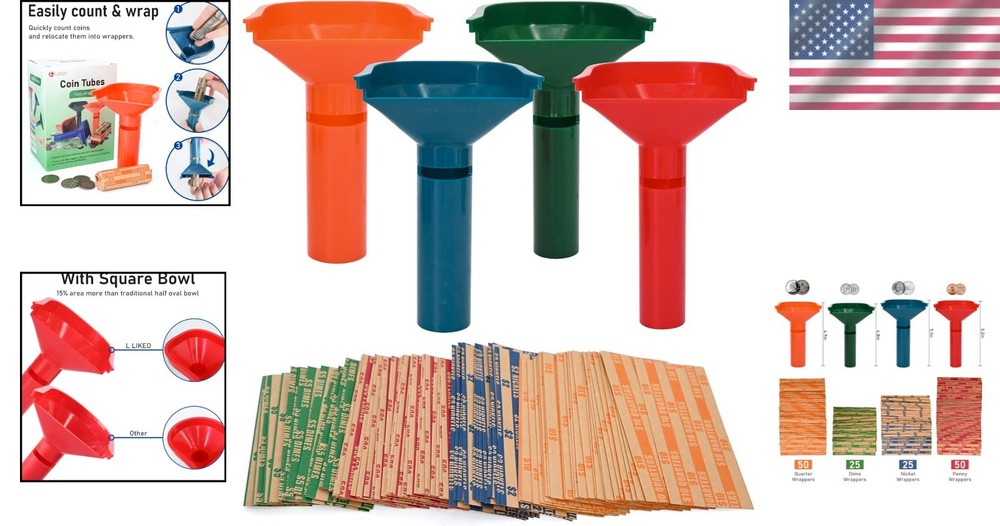 150 Assorted Coin Wrappers & 4 Color-Coded Sorter Tubes – Easy Loading