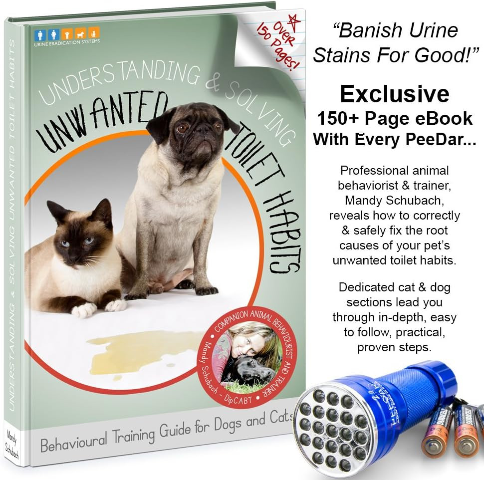 2.0 UV Pet Urine Detector Black Light LED Flashlight + Cat & Dog Behavior Guide.