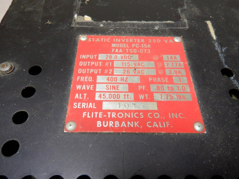 FLIGHT-TRONICS PC-15A STATIC INVERTER 250VA