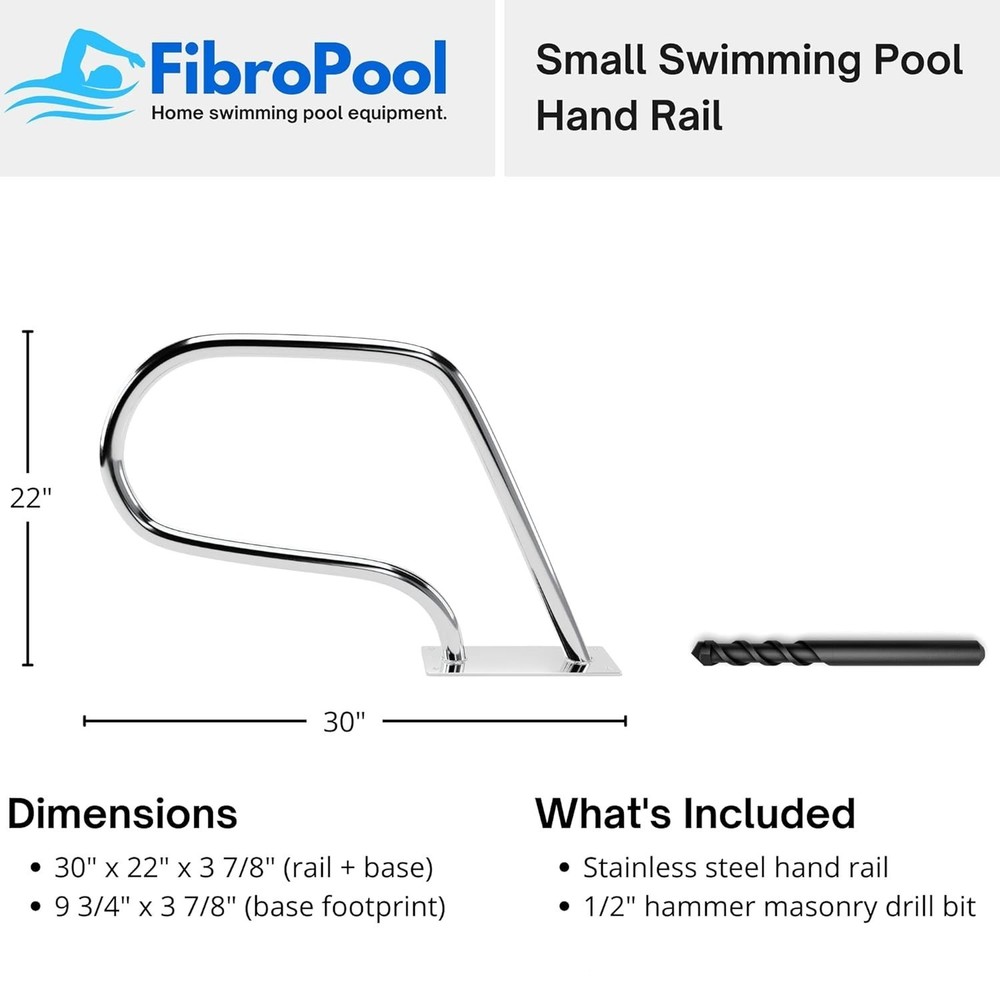 Fibropool Easy Mount Hand Rail with Base Plate Small (Stainless Steel)