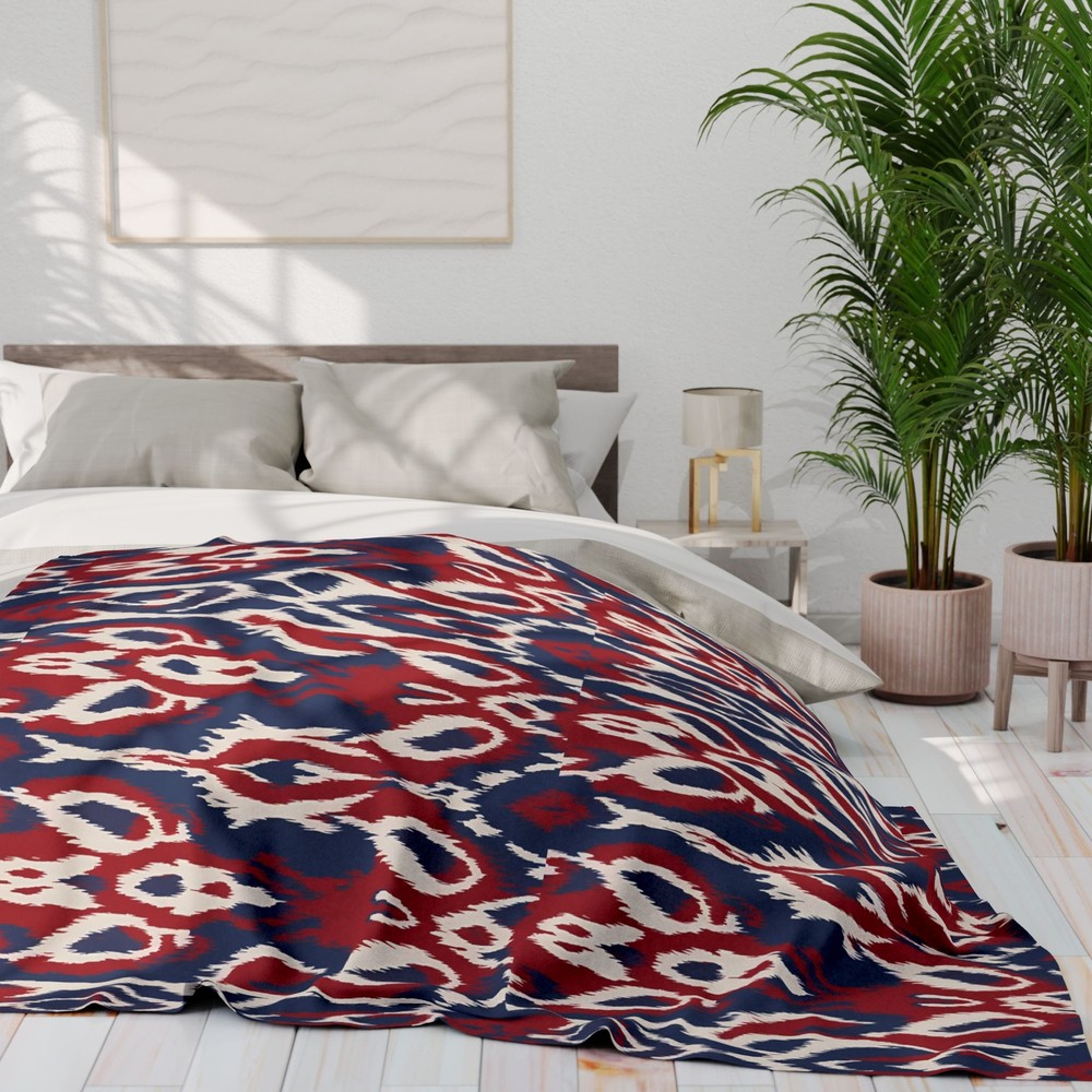 Red White and Blue Ikat Pattern, Cozy Arctic Fleece Blanket, Boho Couch Throw