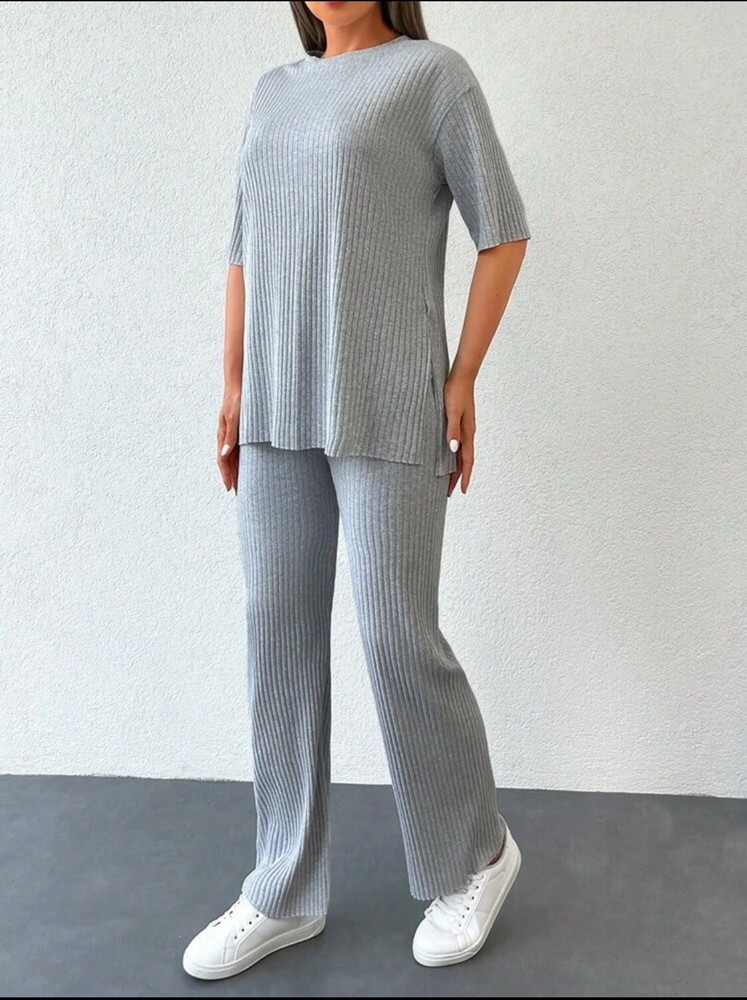 Drop Shoulder Rib-Knit Tee and Trousers Set