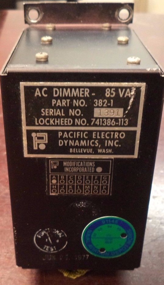 PACIFIC ELECTRO DYNAMICS AC DIMMER-85 VA PART NO 382-1