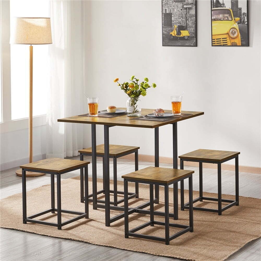 5Pcs Dining Set with Industrial Square Table and 4 Backless Chairs, Rustic Brow