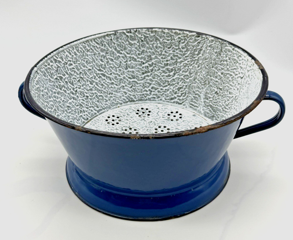 Vintage Blue Enamelware Handled Strainer