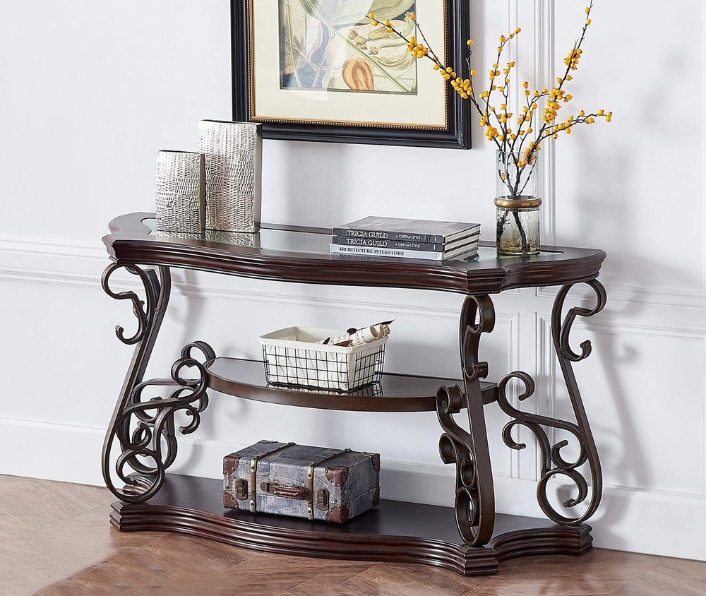 Console Table Glass Table Top Sofa Table End Table w/ Storage Shelf Living Room