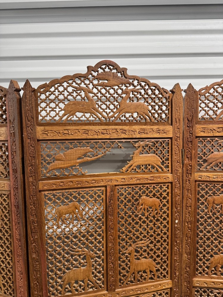 Mid-Century Carved Folding Four Panel Room Divider Screen