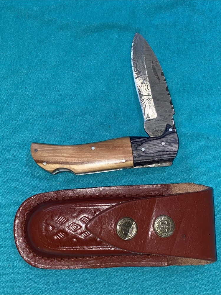 Handmade Damascus Lock-Back  Folding Knife With Sheath