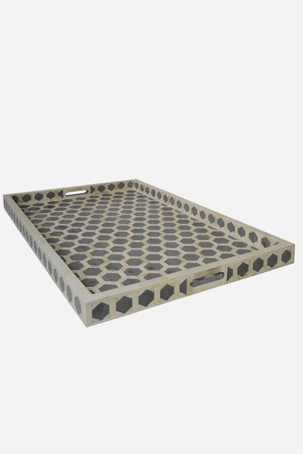 Bone Inlay Hexagonal Design Tray in Grey Color