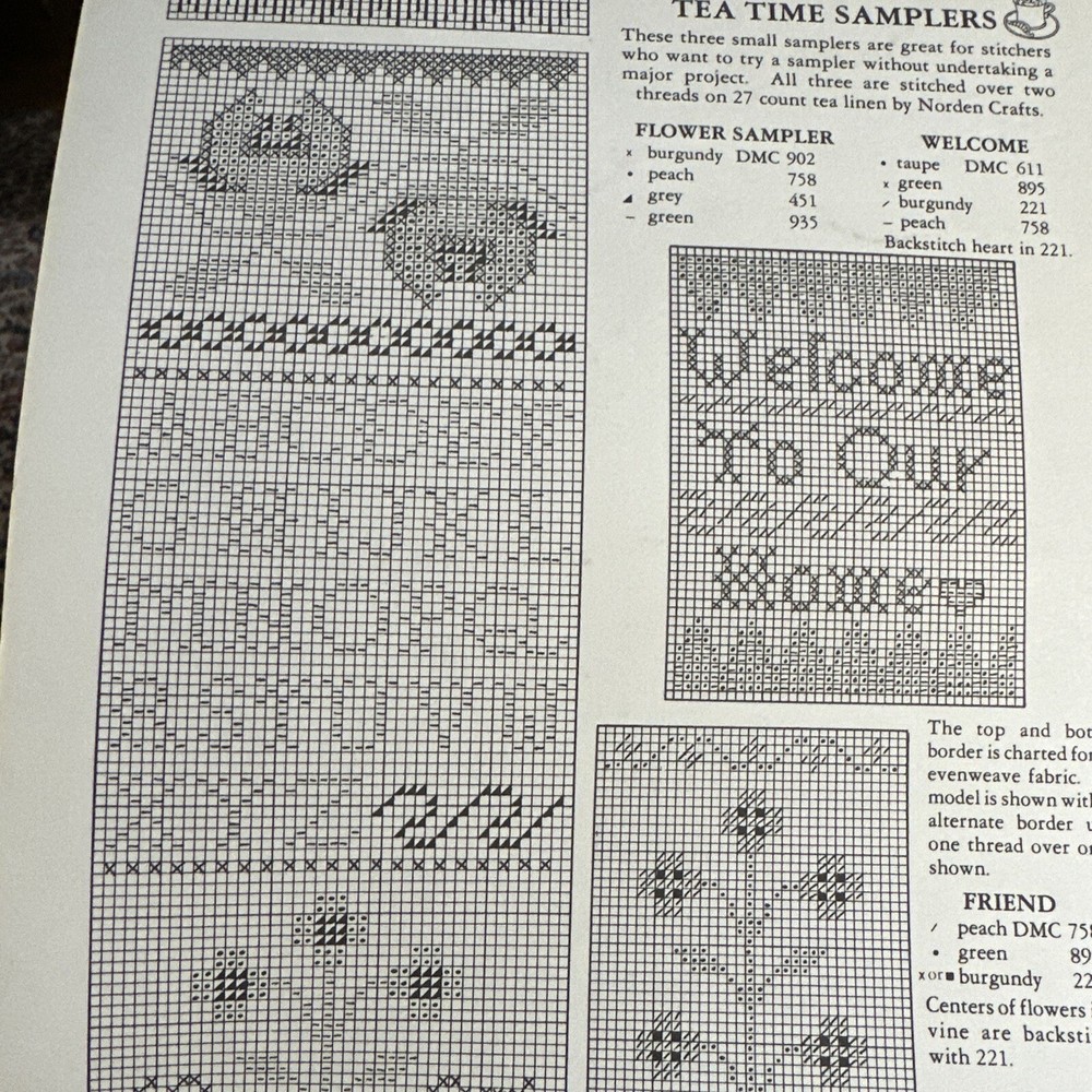 Sampler for Counted Cross Stitch Tea Time Samplers 3 Patterns Welcome Friend
