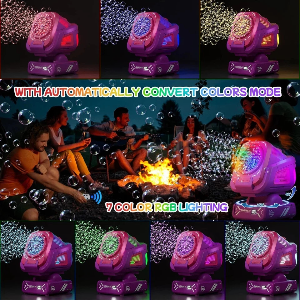 Bubble Machine with Remote Control, Automatic Rotation RGB Lights, 1800mAh